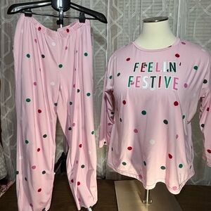 JOYSPUN Ladies XL 16/18 Feelin Festive Pink 2 pc pajama set pants elastic waist